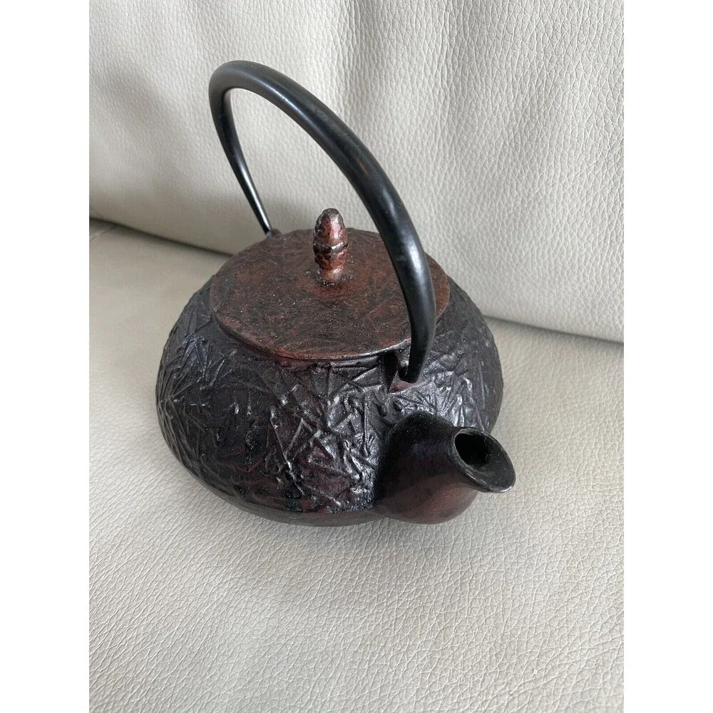 Vintage Japanese Cast Iron Teapot Tea Kettle stamped Enameled Pine Needle Acorn - Picture 8 of 9